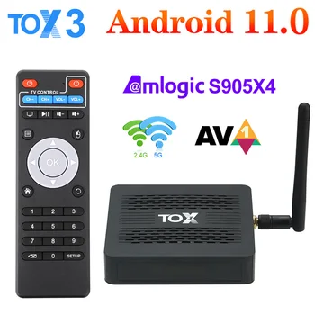 Новый TOX3 Smart TV Box Android 11.0 Amlogic S905X4 1000M 2T2R Двойной Wi-Fi BT Интернет AV1 4K DLNA Медиаплеер 4 ГБ + 32 ГБ