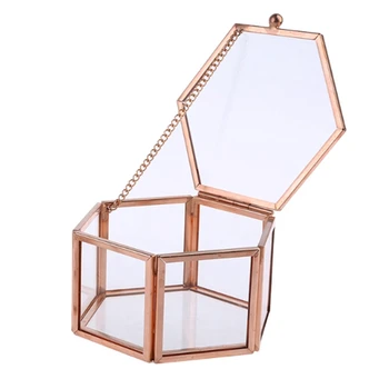 шестиугольник прозрачный розовый золотой стеклянный кольцевой ящик обручальные кольца коробка геометрический прозрачный стеклянный ювелирный ящик органайзер настольный держатель