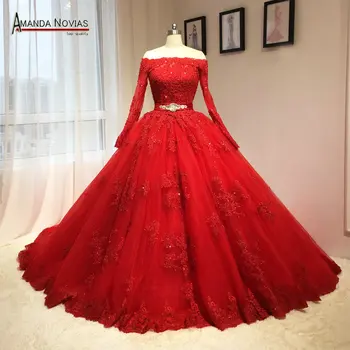 2018 Новейшее Красное Свадебное Платье Пышное Бальное Платье Длинные Рукава Шаблоны