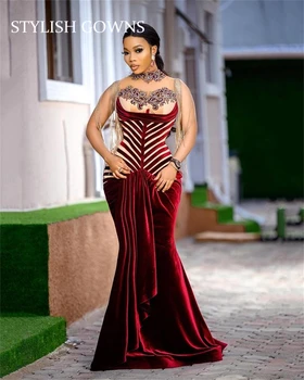 бордовый бархат африканские вечерние платья с высоким воротником для черной девушки аппликации из бисера вечерние платья с кисточками халат de soiree
