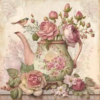 5D DIY Полное круглое сверло Алмазная живопись Розовый цветок Чайник Набор Декор 40x40 см
