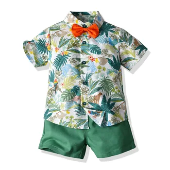 Мальчики 2 шт. Наряды Гавайские шорты Комплекты Пуговицы Рубашка с коротким рукавом и шорты