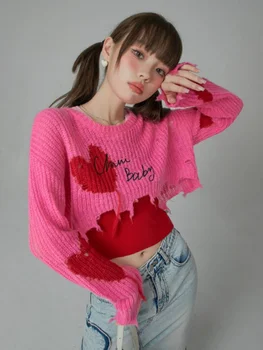 Hikigawa Sweet Свободные женские свитера с длинным рукавом и кисточками Отверстия 2023 Spring Roupas Femininas O Neck Hollow Out Повседневные пуловеры