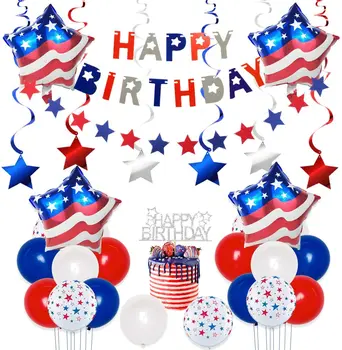  4 июля Украшение вечеринки по случаю дня рождения Патриотические принадлежности для партии, включая баннеры с днем рождения, воздушные шары, топпер для торта 33 шт.