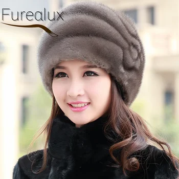 FUREALUX 2022 Новая шапка из меха настоящей норки Мода Осень-зима Теплая цельная норка Женская уличная шапка для защиты ушей для женщин