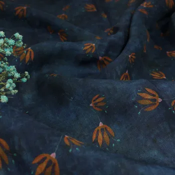 Натуральная ткань Ramie Печать на осенних листьях Синий материал Высококачественные рубашки, брюки, юбки и ткани для одежды