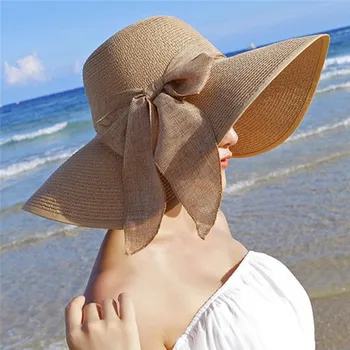 Мода Женщины Большие Поля Соломенная Шляпа Гибкий Однотонный Шляпа Солнца Бант Складной Пляжный Козырек Шапка Chapeau Femme Gorros панама