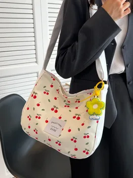 Холщовая сумка большой емкости женская летняя 2022 новая вишневая сумка-тоут с принтом в нишевой текстуре сумка-мессенджер на одно плечо