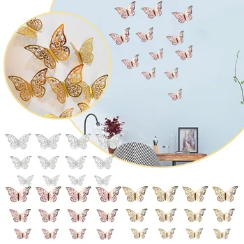 3D Выдолбленная Бабочка Настенные Наклейки Украшение Детской Комнаты Наклейки Настенное Украшение Дома Золото DIY с бабочкой