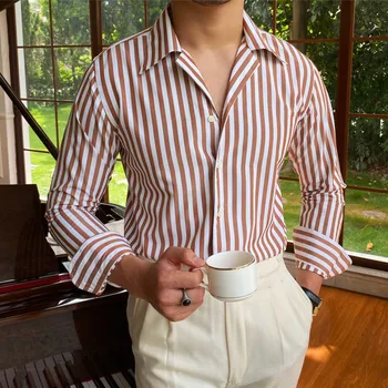 Деловые рубашки в полоску Мужская Куба Воротник Рубашка с длинным рукавом Британская мода Тонкая рубашка Тренд Мужская рубашка Офис Смокинг Рубашка Социальные