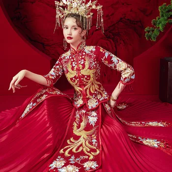 Высококачественная Золотая Вышивка Формальный Банкетный Костюм Красный Свадебное Платье Костюм Атлас Винтаж Cheongsam Классическое Китайское платье