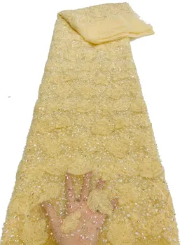  Африканская кружевная ткань 2024 Высокое качество Французский 3D Цветок Пайетки Вышивка Бусины Тюль Кружевная Ткань Для Вечернего Платья 5Y