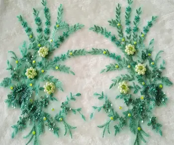 2019 зеленое кружево цветок горный хрусталь бусины патчи аппликация пришить нашивки для одежды bordados para costura 34 * 19 см