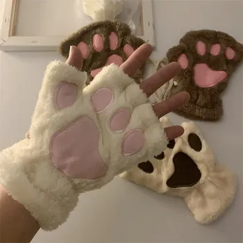 Женские перчатки для кошек Модные плюшевые варежки для девочек с кошачьим когтем Теплые мягкие плюшевые Короткие зимние перчатки без пальцев на полпальца