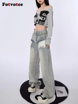 Fotvotee Пэчворк Бойфренд Джинсы для женщин Мешковатые уличные брюки с высокой талией и полной длиной Американские ретро карманы