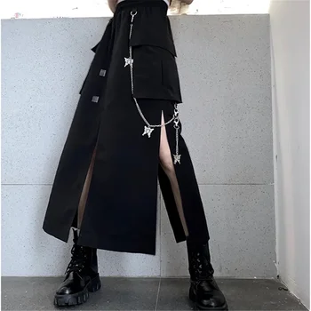 2021 Новая весна Осень Женская Юбка Мода Корейский стиль Черные длинные юбки с боковым разрезом цепи Хип-хоп уличная одежда больших размеров