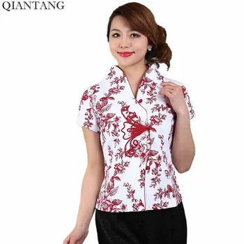  Горячая распродажа Красная традиционная китайская женская хлопковая рубашка Топ Блузка с V-образным вырезом Короткие рукава Mujer Camisa Размер M L XL XXL XXXL Mny-000C