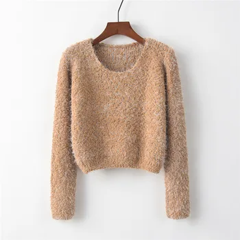 Осень/Зима Новый однотонный пуловер с круглым вырезом Короткий свитер Трикотаж