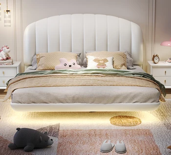  Легкая роскошная кремовая ветровая подвеска Детская кровать Простая молодежная кожаная односпальная кровать из массива дерева