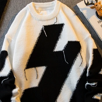 американский пэчворк контрастный цвет свитер осень зима ретро ниша хай-стрит свободные повседневные свитера пуловеры мужская одежда