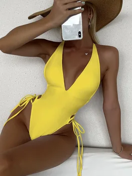 Сексуальный цельный купальник с глубоким V-образным вырезом Женщины Сплошной желтый Белый Полый Плиссированный Купальник Пляжный Бандаж Купальный Костюм Монокини 2023