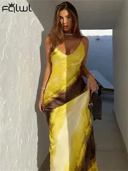 FQLWL Весенний градиент Длинное платье с принтом Отпуск для женщин 2024 Сексуальное атласное платье с открытой спиной Макси Платье Женский пляжный сарафан