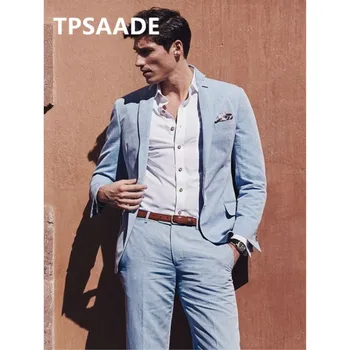 Небесно-голубой льняной мужской костюм с зубчатыми лацканами и лацканом для летнего пляжа свадьба выпускной бал повседневный свободный костюм на заказ пиджак пиджак + брюки