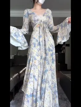 Женское расклешенное французское платье в цветок, Сексуальное вечернее платье, Расклешенные рукава на шнуровке, Длинное платье нестандартного темперамента, Весенний траф