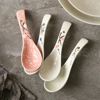 Японская керамическая ложка Ручная роспись Фарфоровый суп Ложка Кухонная посуда для приготовления пищи Инструмент Творческая ложка для перемешивания молока Посуда