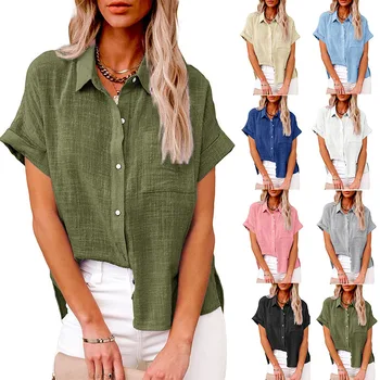 Однотонные повседневные свободные рубашки для женщин 2023 лето Винтажные женские рубашки оверсайз и блузки Мода Элегантные молодежные женские топы