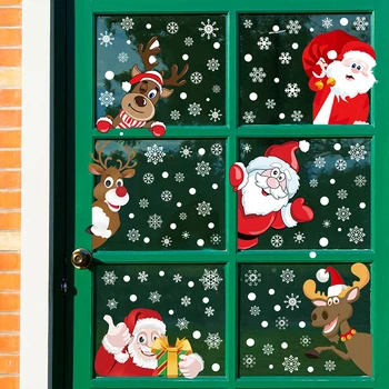 Рождественские украшения Милый мультфильм Санта-Клаус Лось Снежинка Наклейка Съемная статическая наклейка на окно из ПВХ Рождественские принадлежности