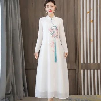 Весеннее китайское платье Qipao Ao Dai Vietnam Vestidos Hanfu Женщины Платье Hanfu с цветочной вышивкой Свободное платье Cheongsam Женское 12859