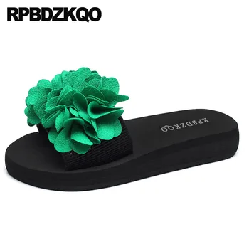Большие размеры Зеленые сандалии Пляж 2021 Женские тапочки Большая повседневная обувь Китайский цветок Клин Высокий каблук Слайды Лето Женская платформа