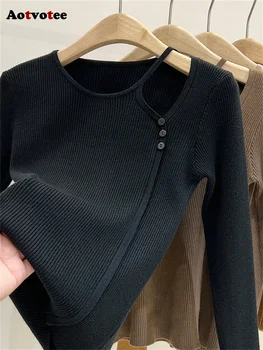 Aotvotee Полый свитер на пуговицах для женщин 2023 осень зима новая мода с длинным рукавом тонкие джемперы повседневный трикотажный пуловер с о-образным вырезом