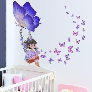  качающаяся маленькая девочка бабочка наклейки на стену самоклеящиеся съемные виниловые домашний декор детская комната творческое украшение