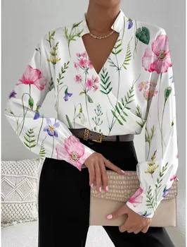 Женская рубашка с длинным рукавом с цветочным принтом, лоскутный V-образный вырез, элегантный приталенный крой, базовый офисный шик, осень, 2023