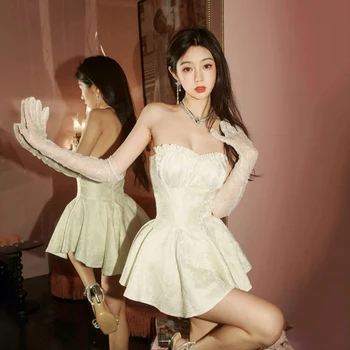 Hyunya's тот же французский винтажный сексуальный бюстгальтер с одной линией шеи на талии жаккардовое плиссированное платье на день рождения нью-джерси