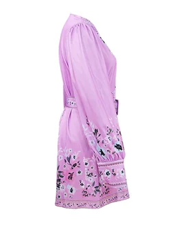 Женское винтажное мини-платье с цветочным принтом с длинным рукавом и V-образным вырезом с поясом - элегантный пляжный сарафан в стиле бохо для вечеринки и