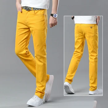 корейский повседневный красный желтый розовый молодежная вечеринка хип-хоп мужские прямые джинсы дизайн модные джинсовые брюки эластичные тонкие прямые