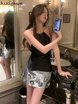 Серебряная короткая юбка с пайетками для женщин 2024 Faldas Mujer De Moda Темперамент с высокой талией Jupe Мода Корейские сексуальные мини-юбки