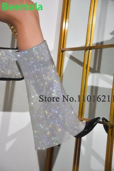 Silver Mesh Design Тонкие сапоги на высоком каблуке для женщин 2023 Новые поступления Заостренный носок Боковая молния Модная элегантная обувь для вечеринок