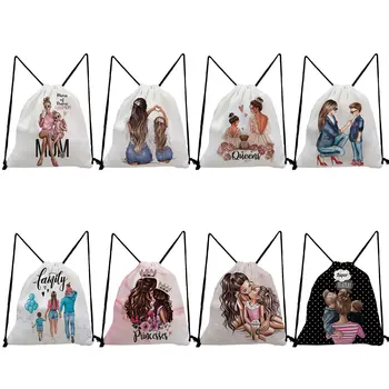 Симпатичный рюкзак с рисунком мамы и ребенка, мультяшная мама, ребенок, печатная сумка на шнурке, женская открытая пляжная повседневная мягкая обложка, складной