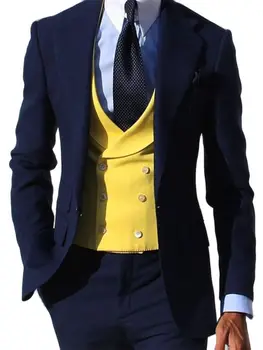Новый изготовленный на заказ облегающий блейзер темно-синий полный мужской костюм для свадьбы с зубчатым лацканом жениха носить 3 шт. пиджак + желтый жилет + брюки