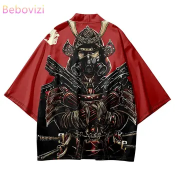 Мода Четверть рукавов Одежда Японский самурайский принт Кимоно Рубашки Мужчины Свободные Кардиганы Топы Плюс Размер