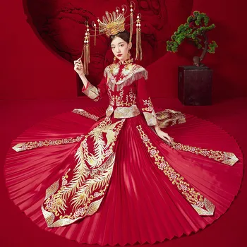 Новый китайский элегантный мандариновый воротник Cheongsam Свадебное платье Невеста Феникс Вышивка Брак Qipao Костюм