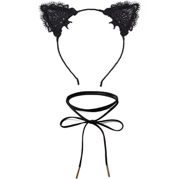 Кружевной Кошачьи Уши Повязка Для Волос Маскарадное Платье Головной убор с Набором ожерелий Chorker