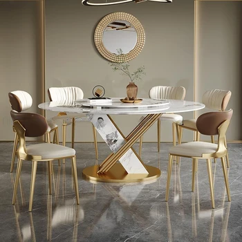 Круглый стол из нержавеющей стали с вращением на 360 ° Гладкий поворотный стол Дизайнерский кухонный стол из каменной плиты Стул Обеденная мебель