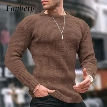 2023 Мужской вафельный вязаный свитер Осень-зима Однотонные тонкие теплые топы для мужчин Мода с длинным рукавом и длинным рукавом Пуловер