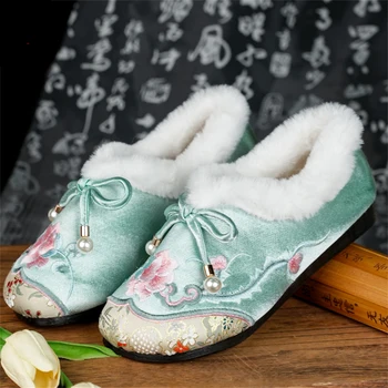 1 пара Зимняя утолщенная обувь Hanfu Ретро Вышивка Квартиры Этнический Стиль Повседневная Повседневная Хлопковая Обувь Женщины Девушка Подарок Новый