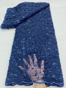  Африканская кружевная ткань из бисера Высокое качество 2023 Для вечерних платьев Синий белый тюль с вышивкой Сетчатый материал на сетчатых тканях с пайетками